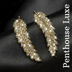 Gold White Sapphire Paved Feather Earring Set